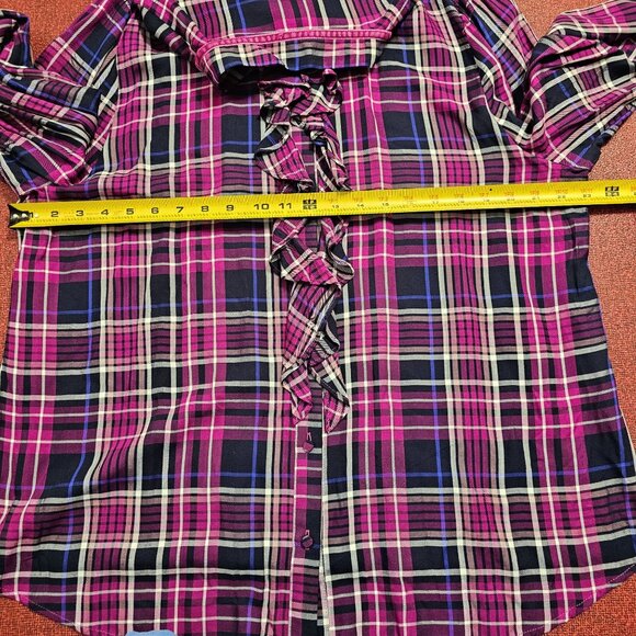 Chicos Poet Ruffle Purple Plaid Button Up Blouse XL Long Sleeve Flowy Rayon - Picture 6 of 8